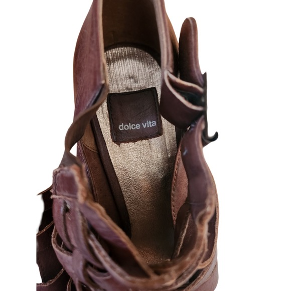 Dolce Vita High Heel Brown Leather Open Toe Strappy Buckle Shoes Sz 7 - Picture 8 of 10